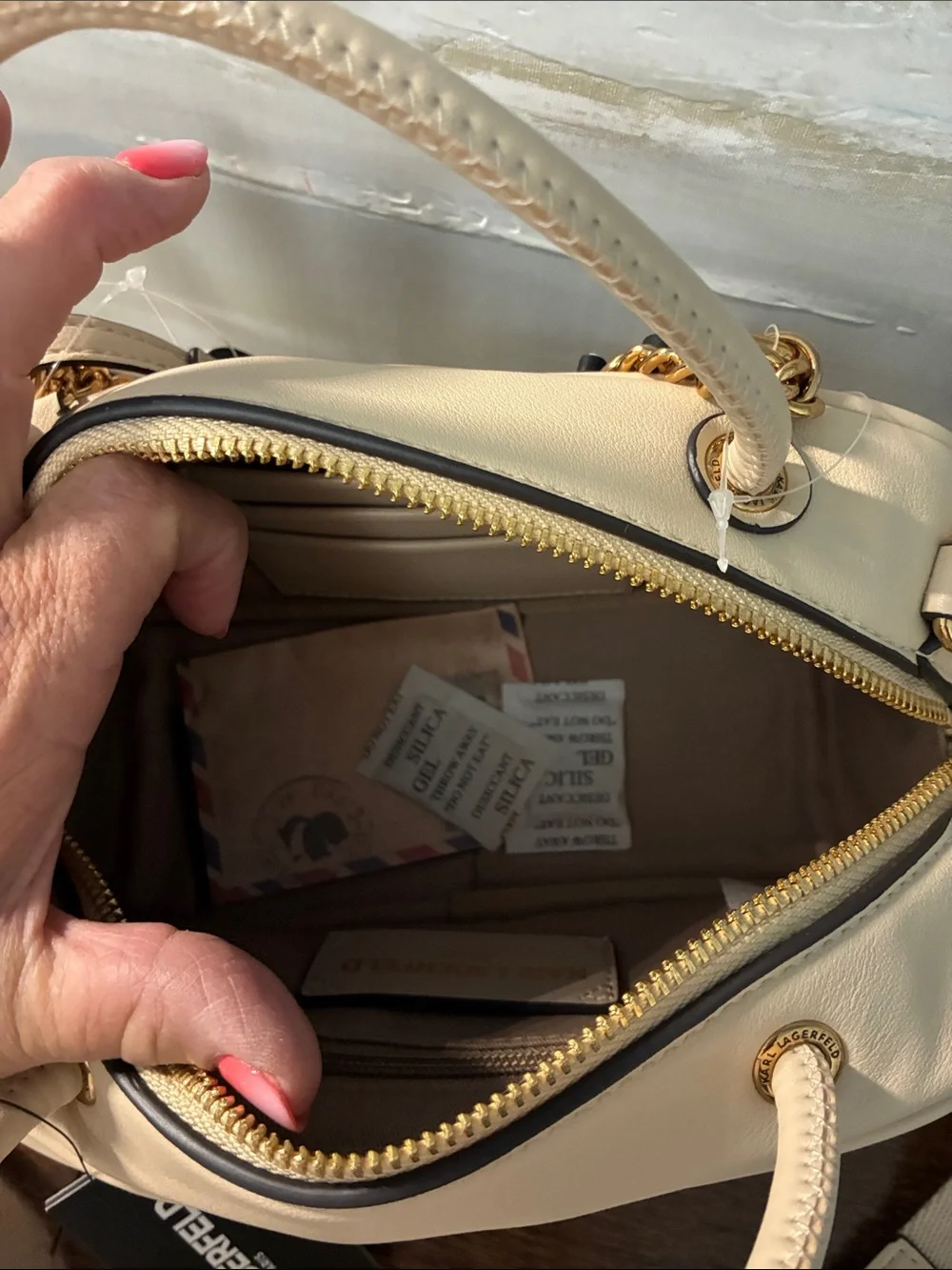 Karl Lagerfeld Cream Satchel with Gold Chain and Charm